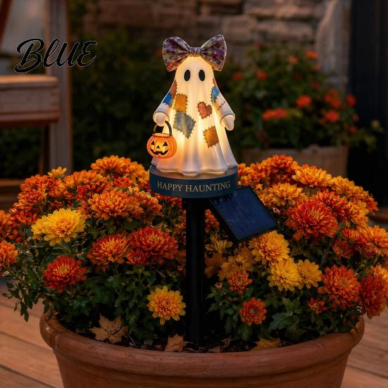 Solar Self-charging Lamp Ghost Garden Stake Light Halloween Pumpkin Lantern with Bow Lawn Decor Waterproof Resin Outdoor Yard for Pathway Decoration