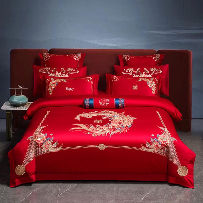 

Luxurious Red 200-Count Long-Staple Cotton Wedding Bedding Set with Embroidery. Standard 1.5/1.8m 4-piece 200x230
