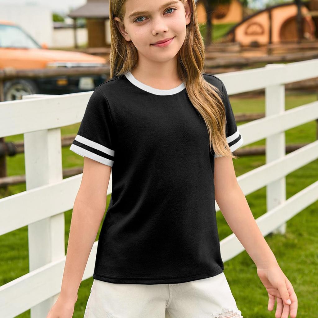 Girls Fashion Short Sleeve Round Neck Color Blocking Casual T-Shirt Top
