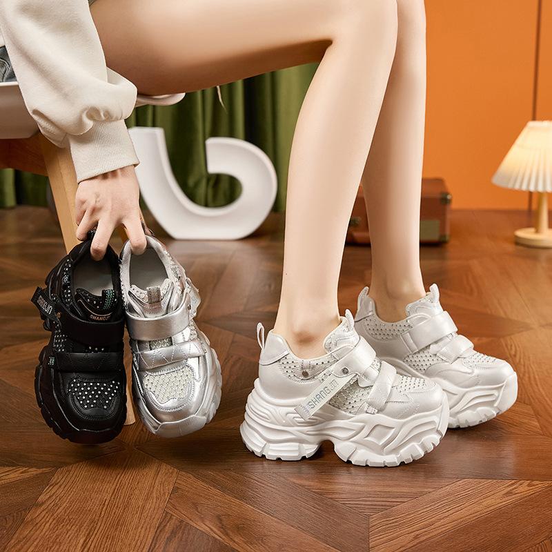 Thick-soled Dad Shoes Women's 2025 Spring New Rhinestone Velcro Inner Height-increasing Women's Shoes Versatile Sports and Leisure Shoes