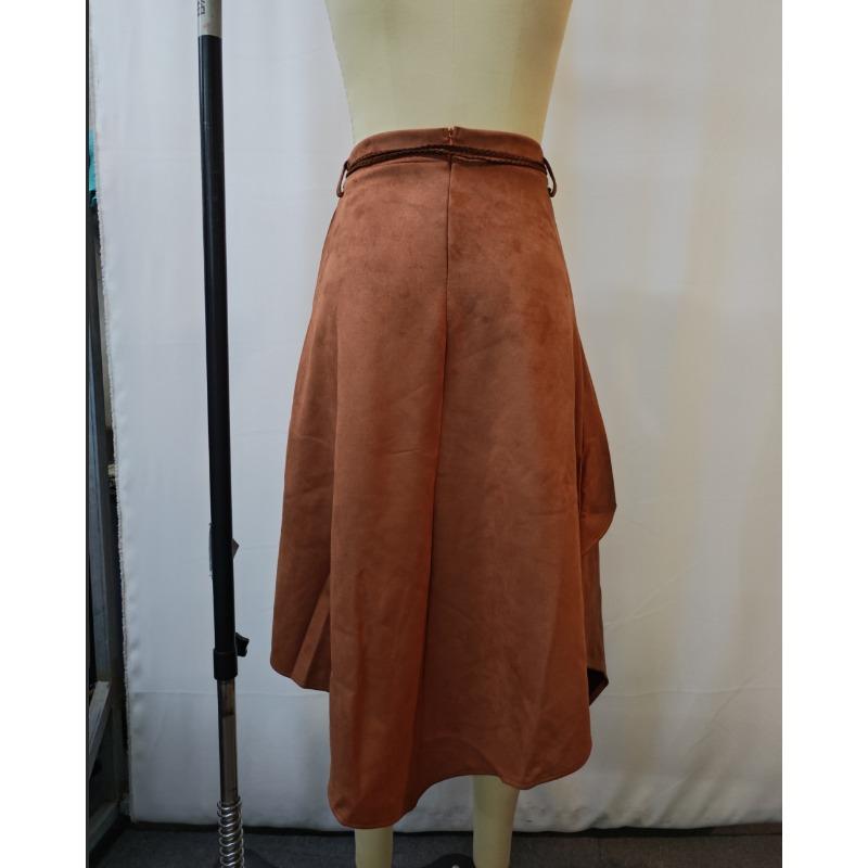 Brauner Wildleder-Midirock Federquaste Seilbindung Asymmetrischer Saum Vintage Lässig Unregelmäßiger Rock Damen