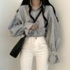 Spring  Lantern Sleeve Striped Shirt Top for Women New Korean Academy Style Design Loose
