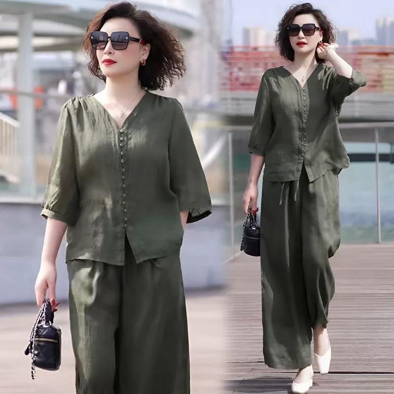 Tencel Linen Suit Summer Casual Korean Version of The Middle-aged Mother Blouse Wide-leg Pants Two-piece Suit