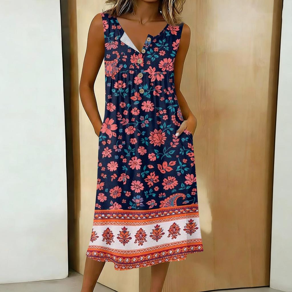 Vestido Casual de Mujer sin Mangas con Botones de Longitud Media