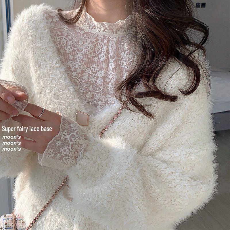 Lace Womens Fairy Mesh Super Longsleeve Top Versatile For Autumnwinter 2025 Semihigh Neck