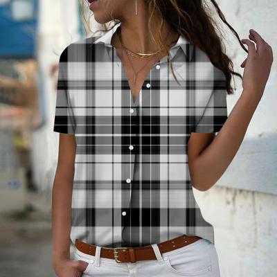 Moda Feminina Verão 2025 Nova Camisa Casual de Manga Curta com Gola V e Estampa de Grade, Top de Botão
