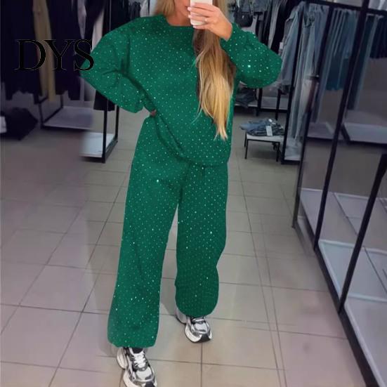 Women Spring Suit 2 Pcs/Set Top Pants Round Neck Long Sleeves Rhinestone Decor Sweatshirt Tracksuit Elastic Waist Wide Leg Trousers Daily Wear