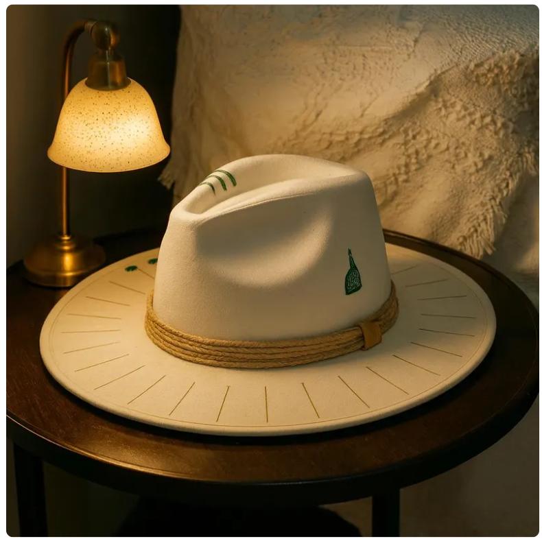 

New Western suede hat with a wide brim distressed patchwork feather and rivet embellishments and a bohemian vintage feel apelusz M56-58CM