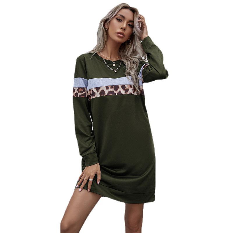 Herbst Damen Street Style Leopard Patchwork Pullover Sweatshirt Kleid