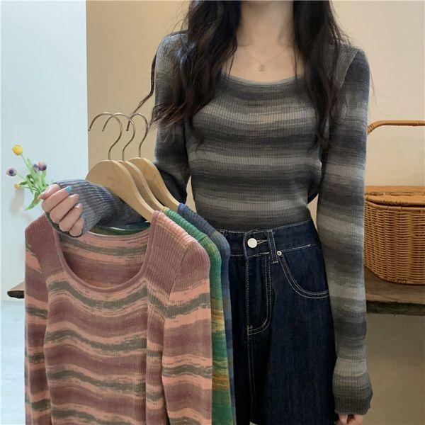 Color-Block Striped Long-Sleeve T-shirt for Women Spring Design-Sense Niche Slim Fit Chic Top Knitwear Trendy