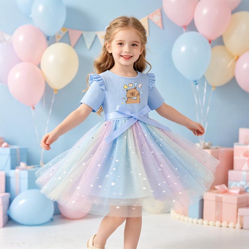 Girls Star Tulle Dress,The rabbit holds a carrot with a floral print, Cute Princess Party Dress with Bow, Short Sleeve Summer Dress for Little Girls