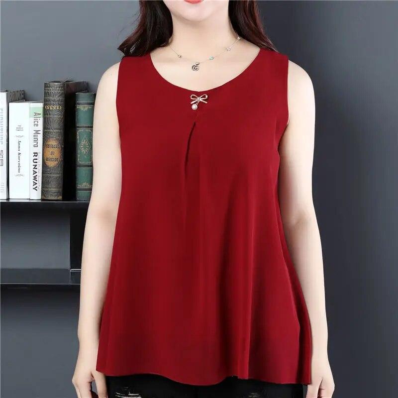 Women Chiffon Shirt Summer Sleeveless O-neck Blouse Casual Solid White/Red Loose Oversized Female Tops