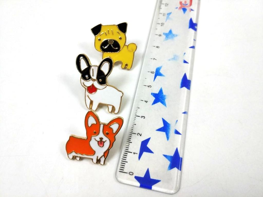 [F NODE] Dog Corgi, French Bulldog, and Pug Pin Badges, Set of 3. Stylish, cute, and versatile pins with butterfly clutches and catches. Fun, unique,