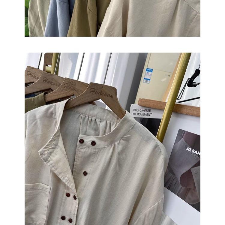 Cotton Shirt for Women Double Breasted Small Stand Collar Long Sleeved Shirt Commuting Top Shirt for Women