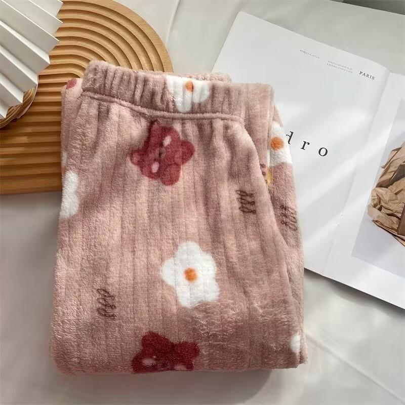Women's 2025 Peach & Bear Print Coral Fleece Pajama Pants - Warm, Thickened, Casual Homewear for Autumn/Winter