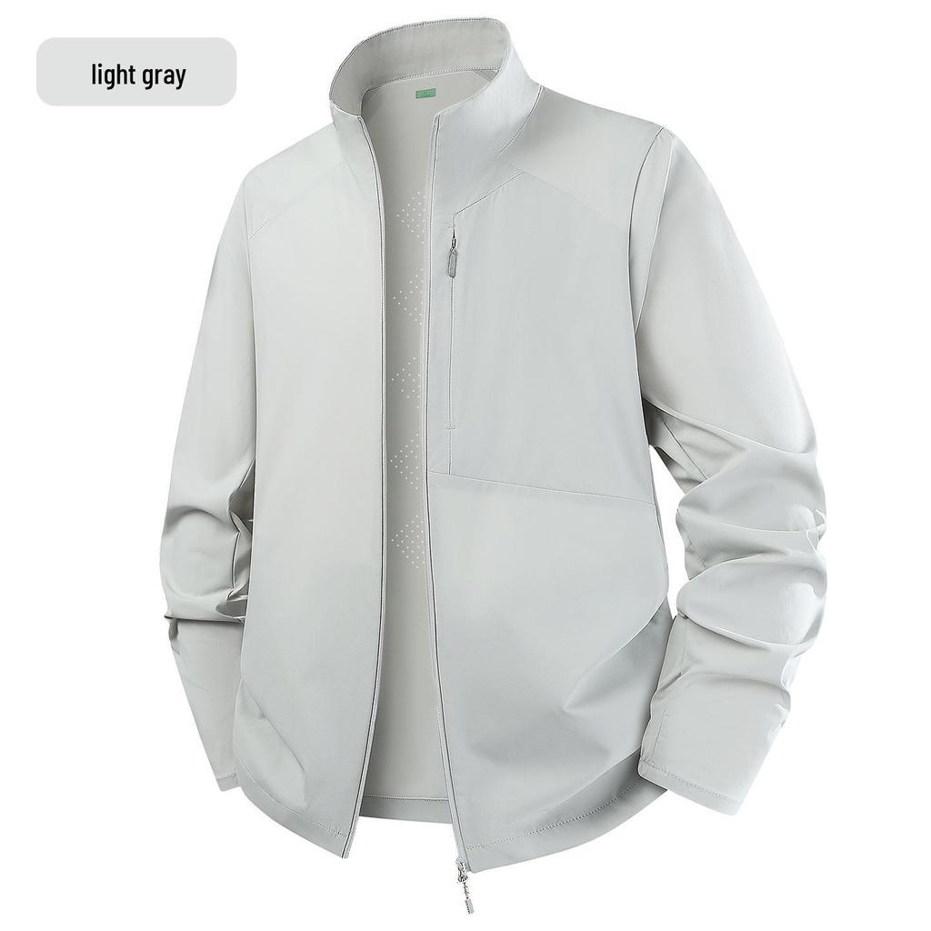 Men's Summer Ice Silk Sun Protection Jacket with Stand Collar and Two-Way Zipper – UV Protection, Elastic Fit.