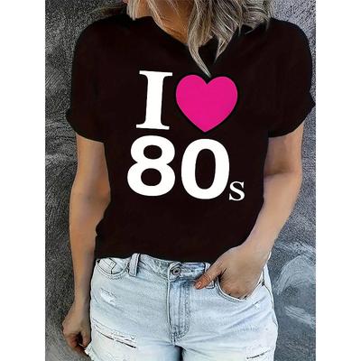 Women's Love Heart & 80 Letter Print T-Shirt Casual Crew Neck Summer Medium Stretch Top