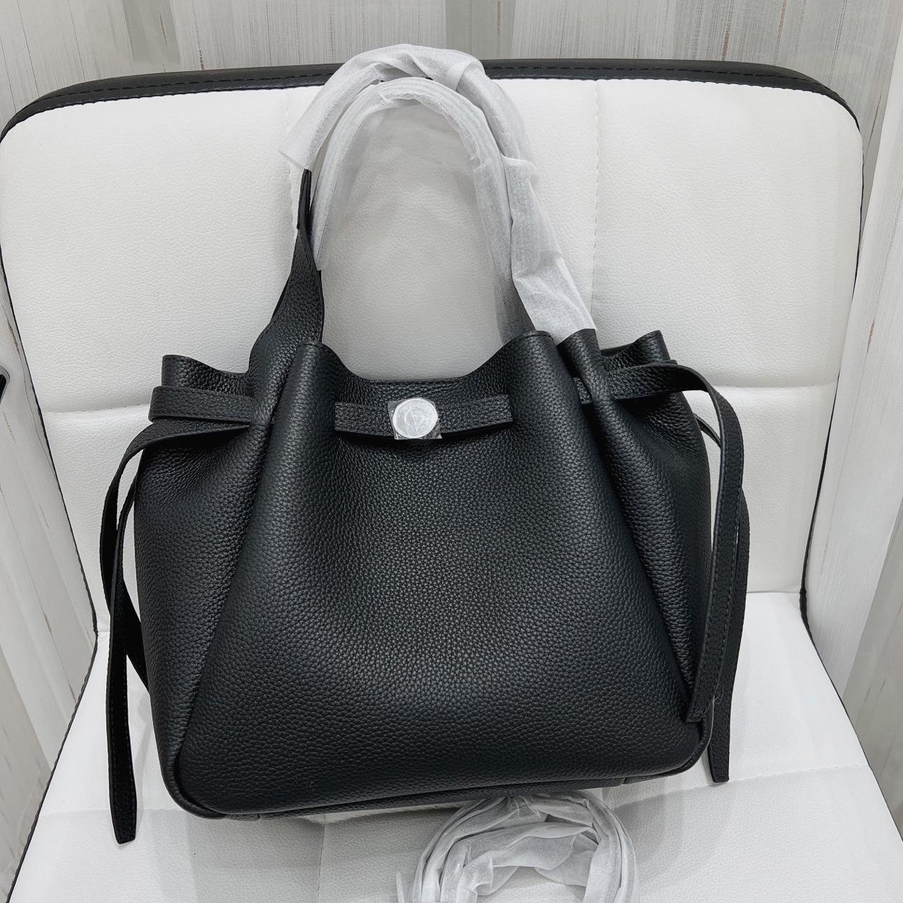 

Сумка-корзина из лицевой коровьей кожи, сумка-ведро из натуральной кожи, сумка-тоут, модная повседневная одноплечевая сумка кроссбоди для женщин 24x11x22cm чёрный