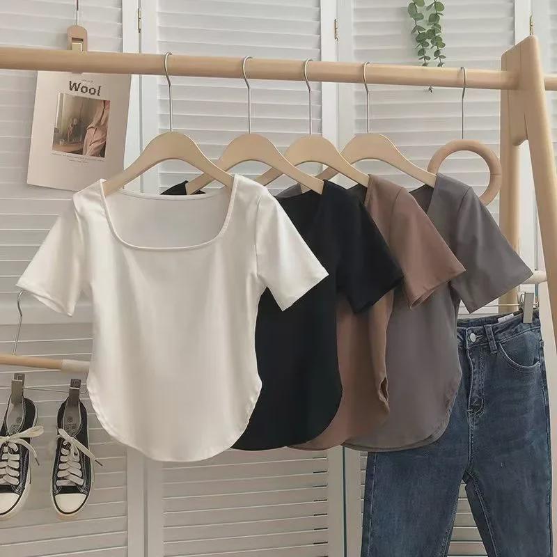 Tricou de vară pentru femei, cu tiv curbat, decolteu în U, croială slim fit - Tendință 2024, mânecă scurtă, culoare uni, top versatil pentru claviculă