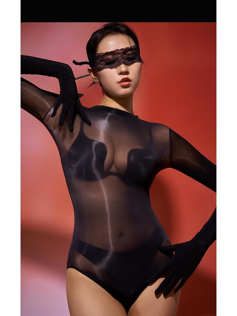 Seamless Shiny Silky High-Cut Bodysuit & Sexy Stockings Set - Large Size