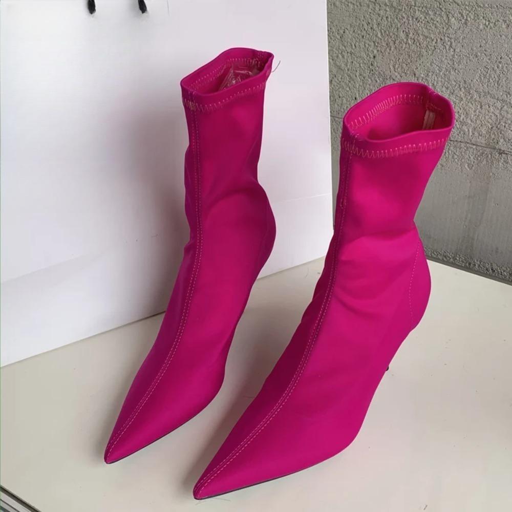 Stivali alla caviglia da donna in tessuto elasticizzato Autunno Primavera Punta appuntita sexy Tacco alto Moda Calzini da donna Scarpe con tacco a spillo