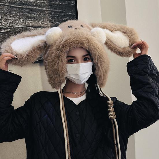 Winter Hat Rabbit Ear Decor Lace-up Elastic Warm Hat Winter Thickened Plush Windproof Lei Feng Hat Cold Weather Hat