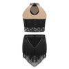 Girls Latin Dance Costume Mock Neck Sleeveless Fringe Vest Sparkly Rhinestones Tassel Skirt Performance Outfit