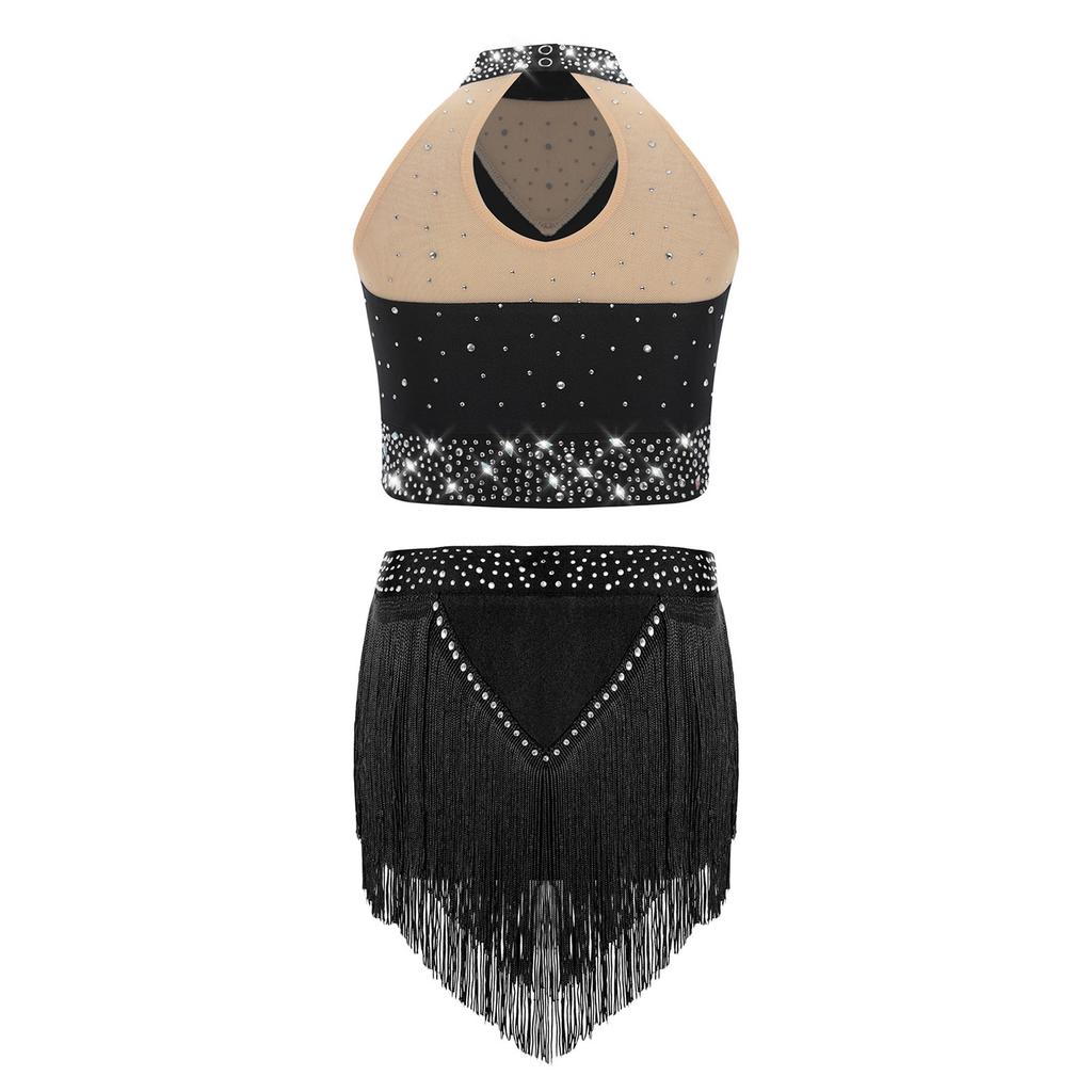 Girls Latin Dance Costume Mock Neck Sleeveless Fringe Vest Sparkly Rhinestones Tassel Skirt Performance Outfit
