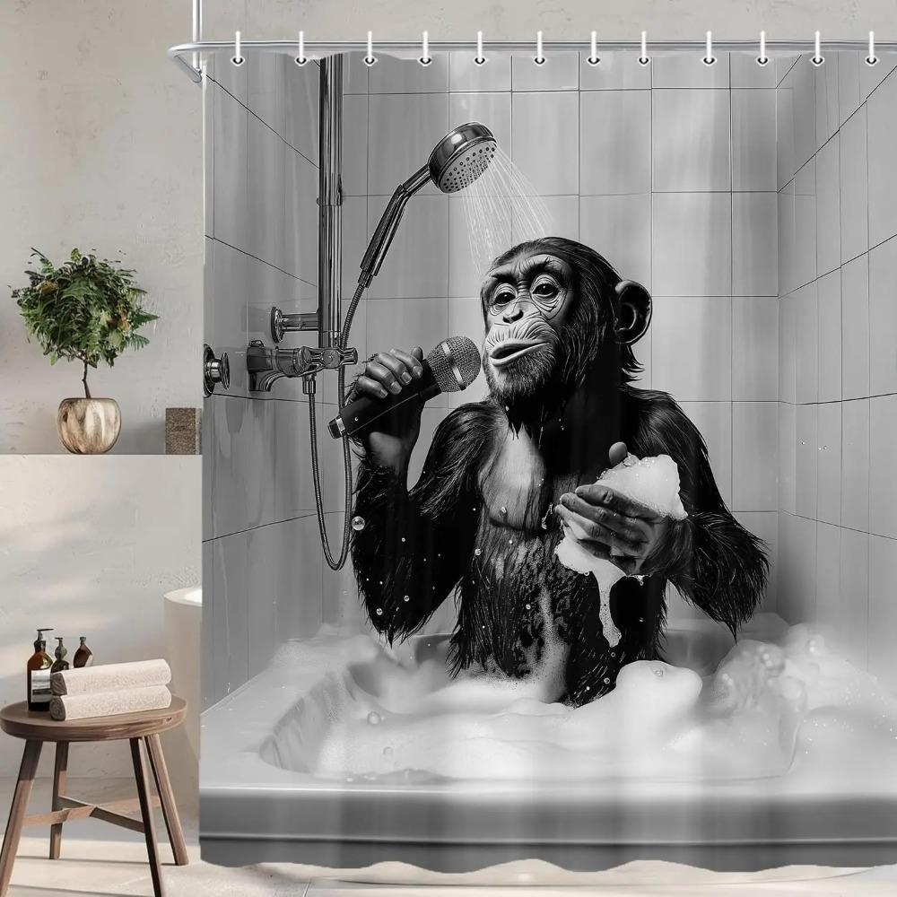 Funny Monkey Printed Shower Curtain Chimpanzee Singing In Bathtub For Bathroom Decor