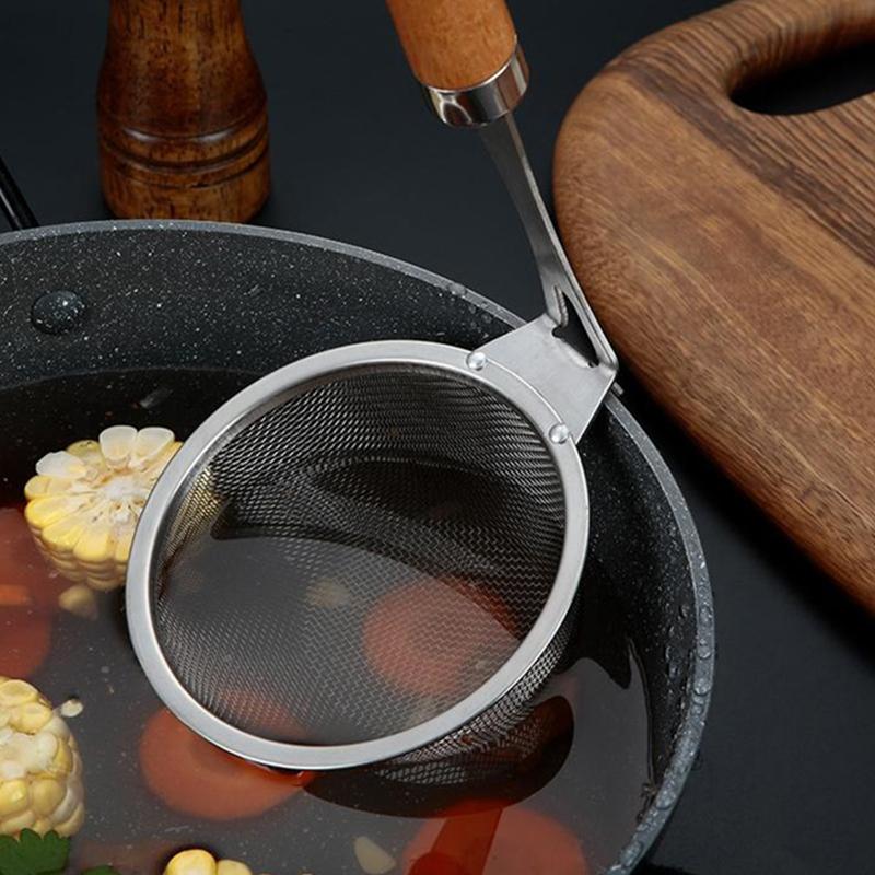 Stainless Steel Hot Pot Colander Noodle Deep Drainer Frying Basket Sink Strainer With Wood Handle For French Cooking Spoon