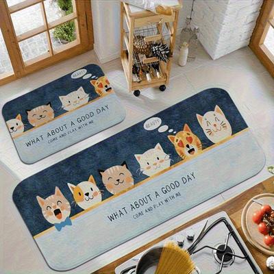 1 Stück Cartoon-Katzenmuster Fußmatte Moderne Küche Polyester Teppich, Rutschfester Bunter Innenraumteppich, Für Haus Badezimmer Schlafzimmer Wohnzimmer Dekoration