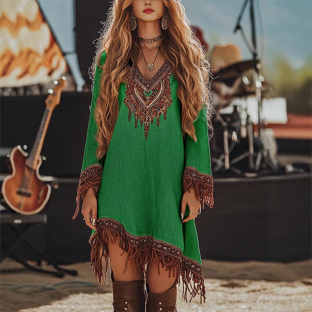 DAFIFY Women's Fashion Spring Fall Long Sleeve V-Neck Loose Waistline Casual Dresses