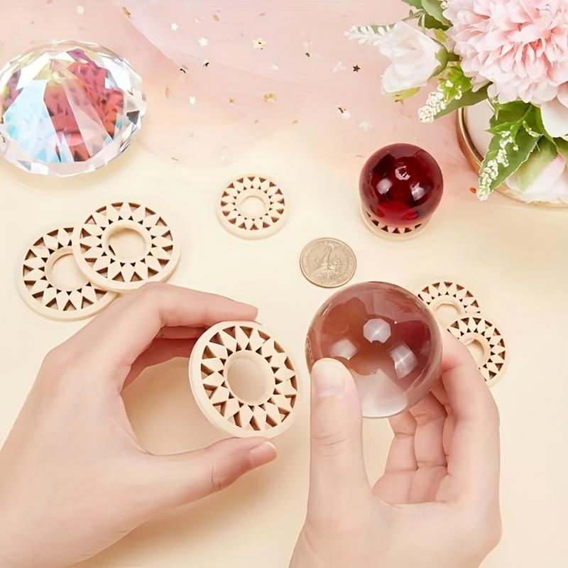 Crystal Ball Display Stand - Sacred Geometric Sphere Stand with Concentric Circular Cuts, Natural Wood Base for Home Decoration