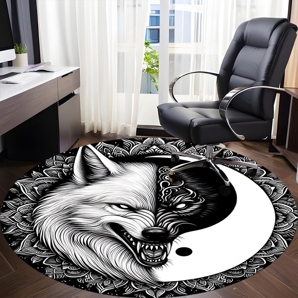 1PC Wolf Yin Yang Office Round Rug, Non slip, Soft and Durable Office Rug for Interior Decoration, Perfect for Office