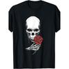 Skull Head Skeleton Hand, Holding Red Rose Stem Tattoo Style T-Shirt