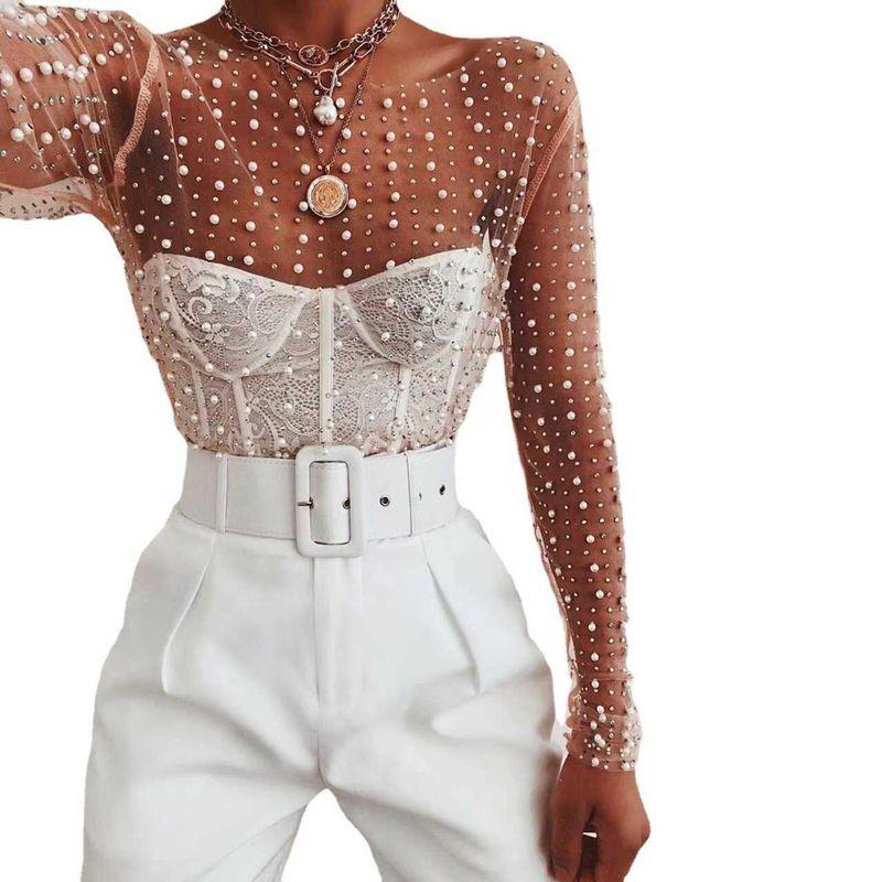 Mesh Transparent Blouse Top Hot Drilling Pearl Top Elastic round Neck Mesh Transparent Cover up