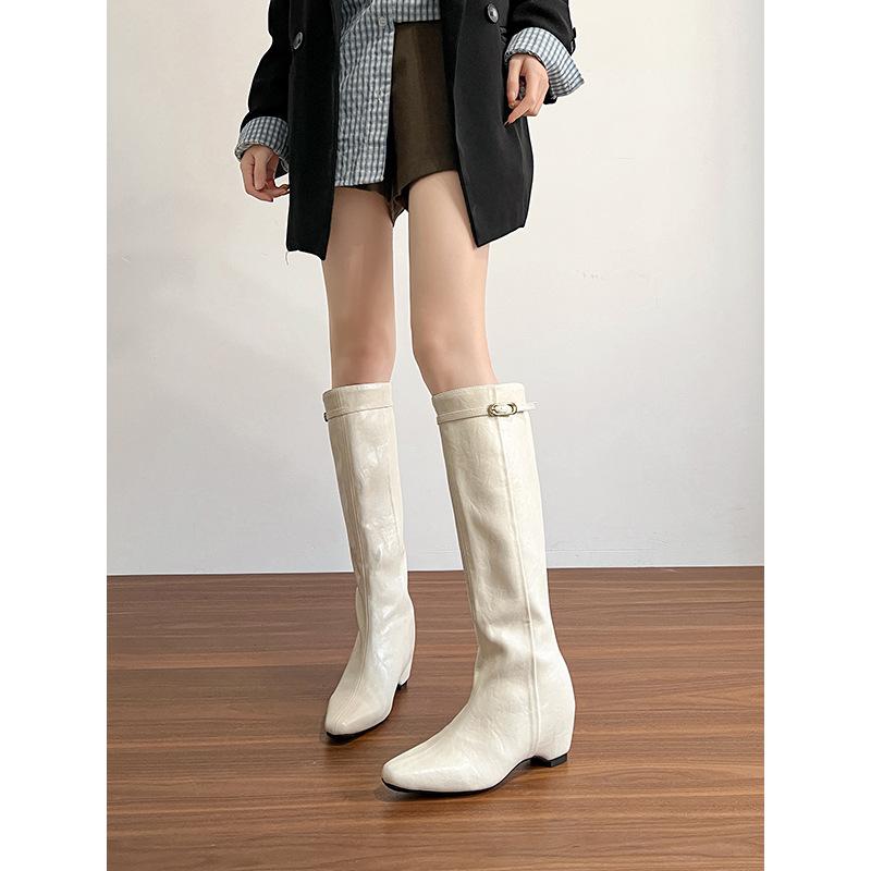 8CM~ Small inner height increase boots, black buckle high boots, women's autumn and winter thin boots, thin knight boots