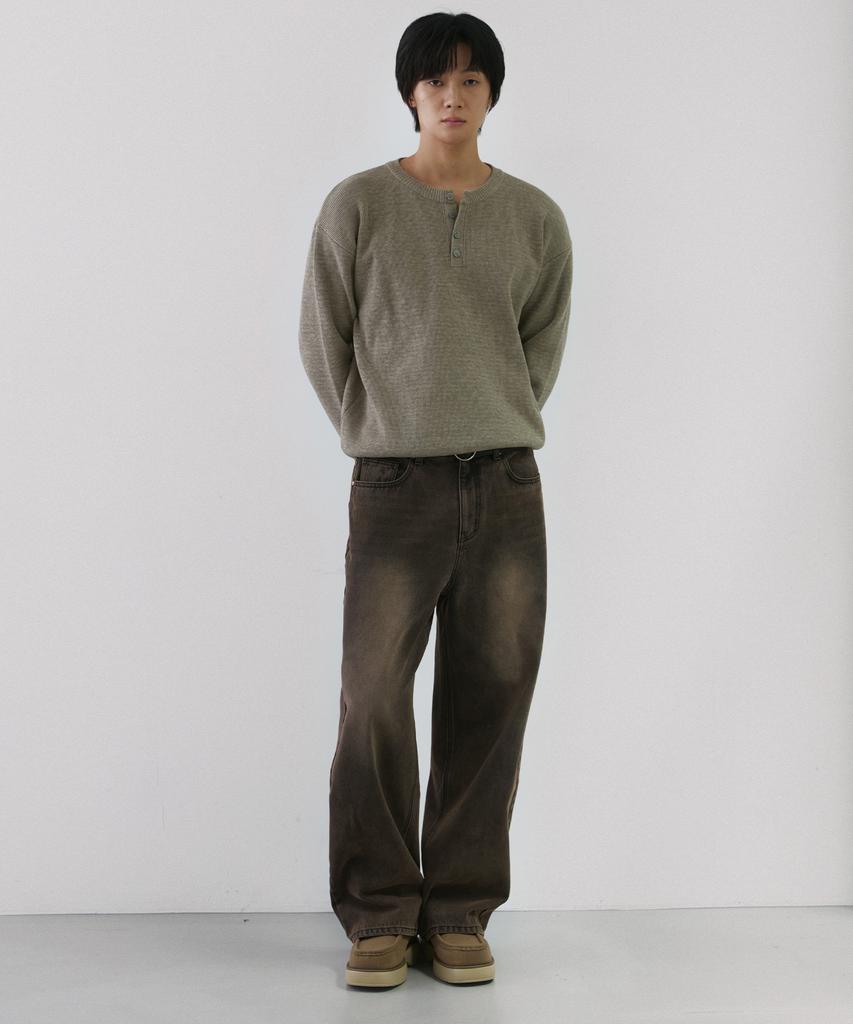 NODU Drain Henley Neck Knit [Beige]