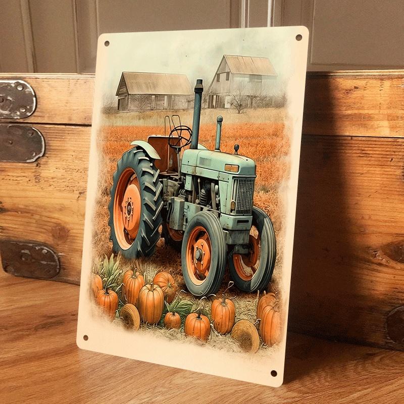 

1 piece: American country retro tractor tin painting, autumn harvest pumpkin barn scene decorative plaque, living room/entrance (as the picture,20x30cm)