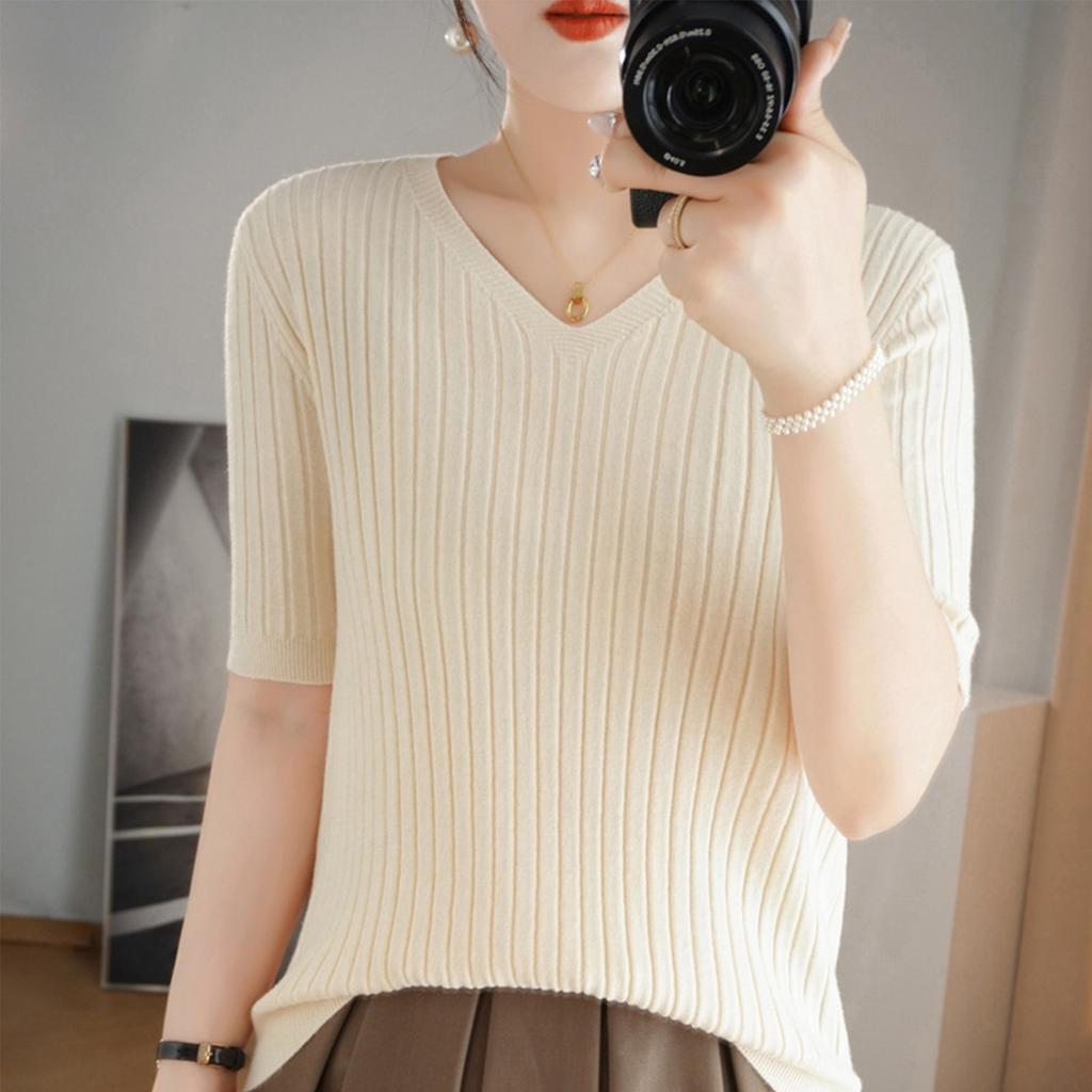 Dámská móda Volný úplet svetr Spodní část Košile svetr s výstřihem do V Krátký rukáv Jednobarevný Top