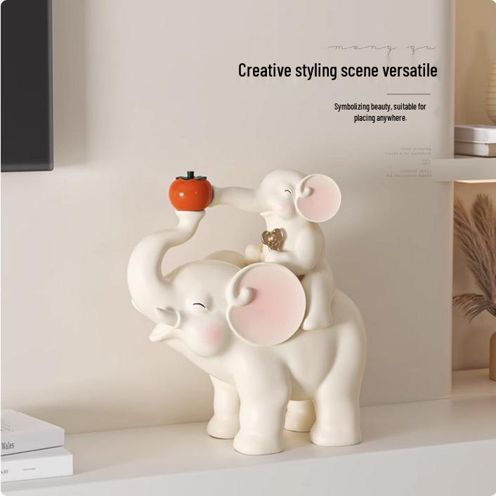 Cute Cream Elephant Mother and Calf Figurine for Living Room or Wine Cabinet Decoration