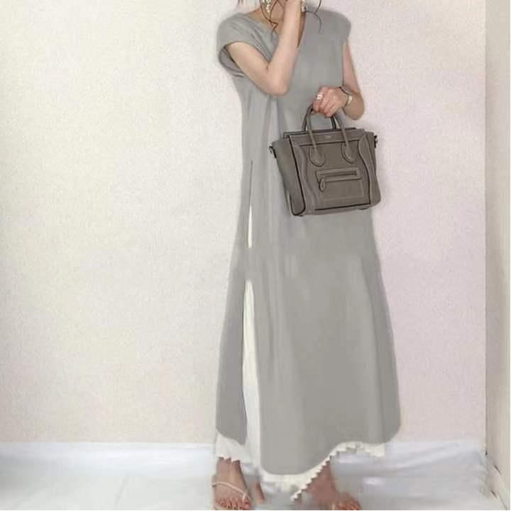 

Японское летнее литературное плиссированное платье-свинг - Однотонное, Свободного кроя, С короткими рукавами, Длинное, для женщин One Size