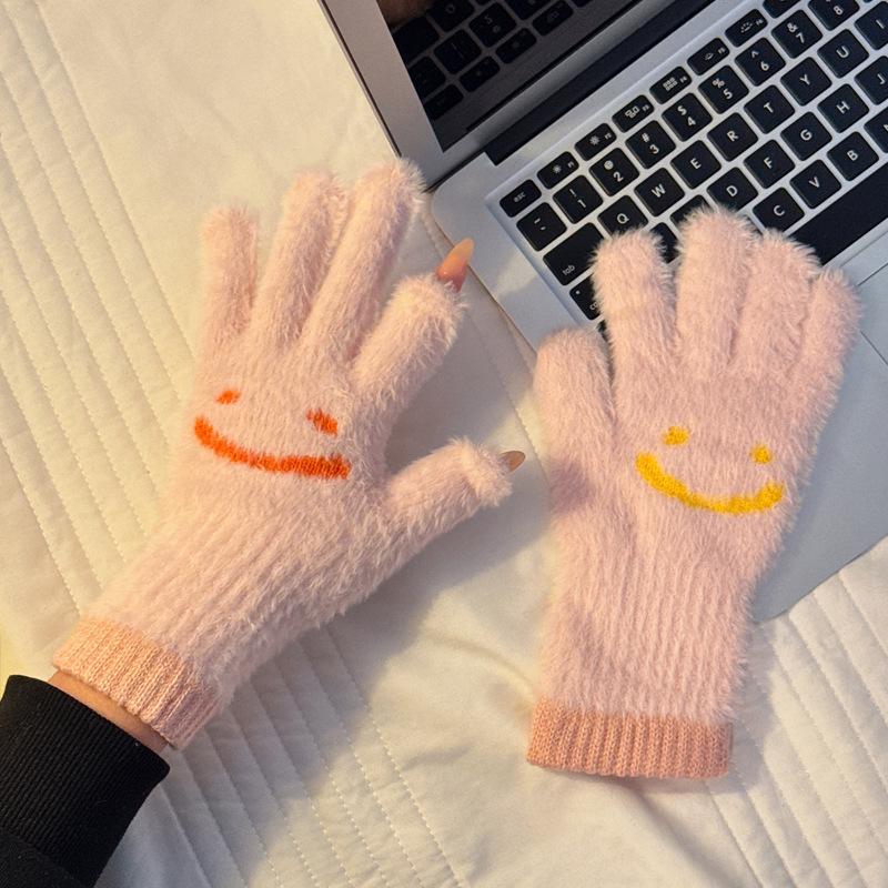 

Зимние Милые и Красивые Новые Перчатки без пальцев с сенсорным экраном и улыбающимся лицом, Утепленные, Защищающие от холода, Студенческие перчатки для велоспорта для девочек One size