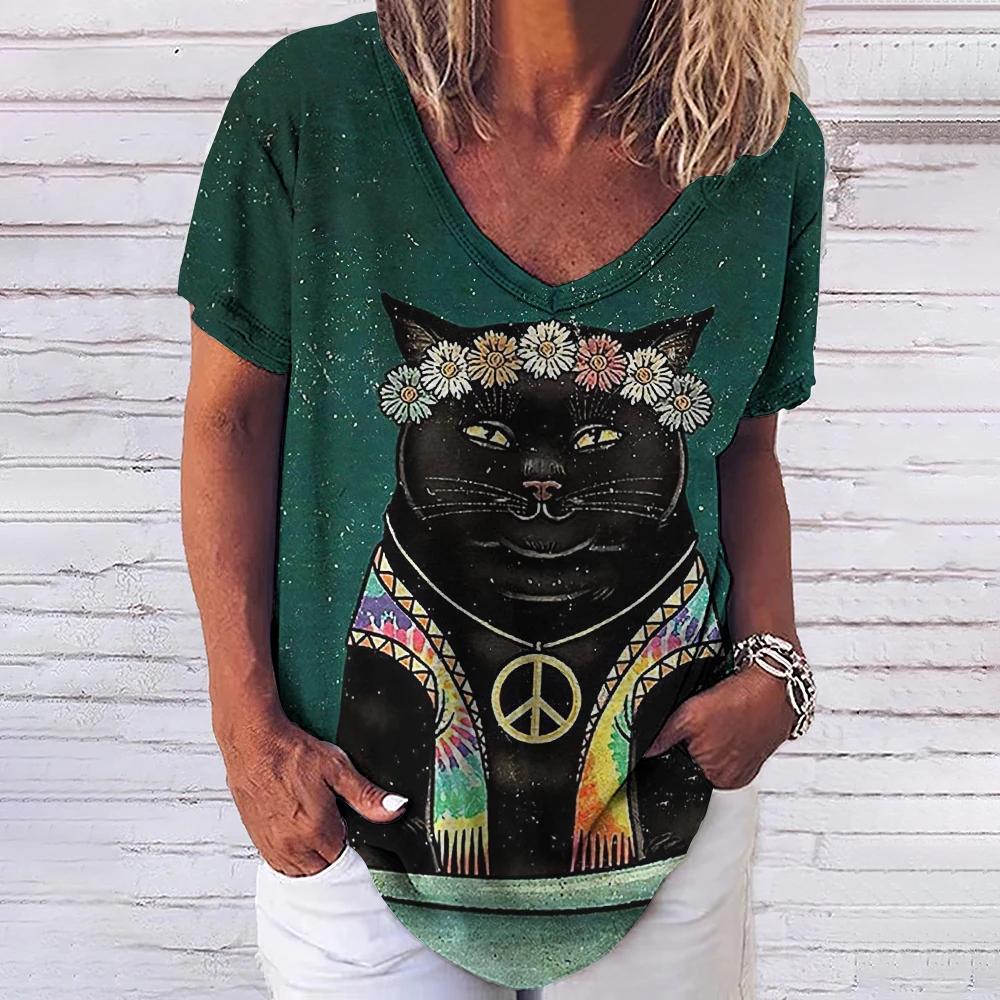 Women's T-shirt 3D Fashionable Cat Print V-neck Short Sleeved Basic Top Street Wear Summer Casual Loose Fitting Women's Clothing