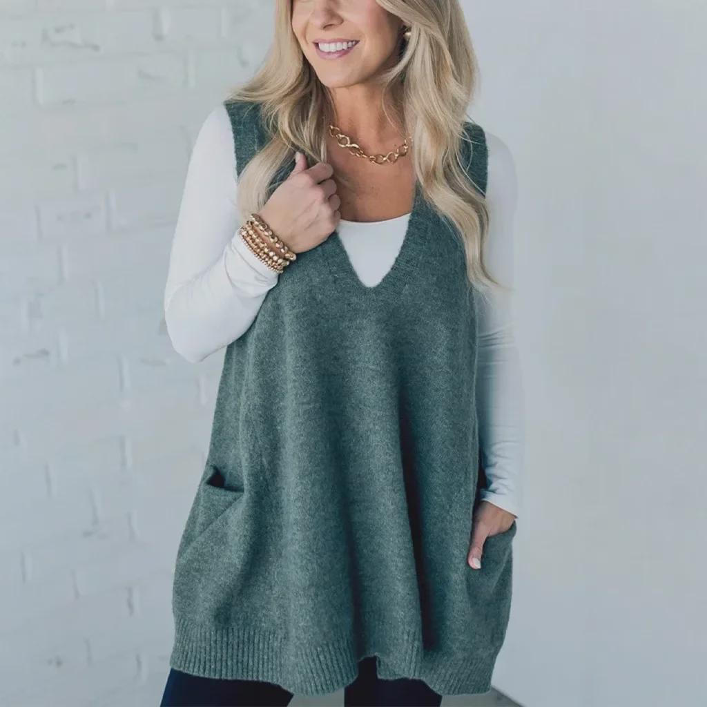 Herbst/Winter Einfarbiger V-Ausschnitt Taschen Strickweste Pullover 2025