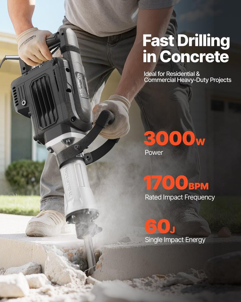 Demolition Jack Hammer, 3000 W Powerful Electric Jackhammer, 1700 BPM Concrete Breaker with a Point Chisel, Carrying Case, Gloves, Goggles, for