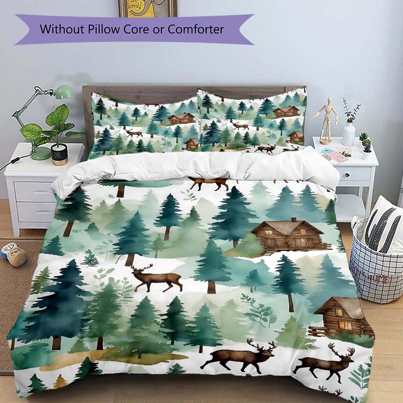 

3pcs Woodland Retreat Cabins and Majestic Deer Bedding Set, 1 Soft Quilt Cover + 2 Pillowcases, Machine Washable, Suitable for All Seasons 135x200cm