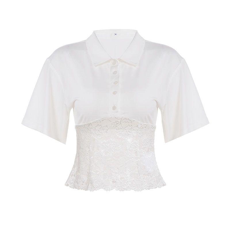 European and American Urban Basic Solid Color Lace Patchwork Lapel Button-Up T-Shirt, Stylish and Sexy, Waist-Cinching, Slightly Sheer Casual Top White S