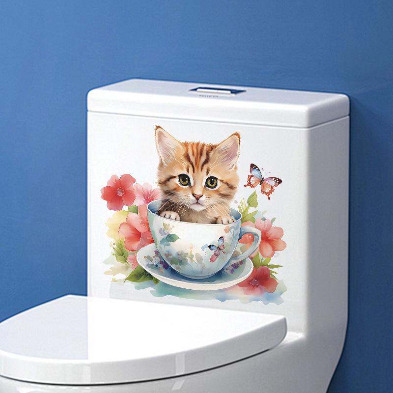 Cute Cat Wall Stickers Waterproof Vinyl Decals Tea Cup Design Pet Store Decor Bathroom Kitchen Removable Peel Stick Home Decor