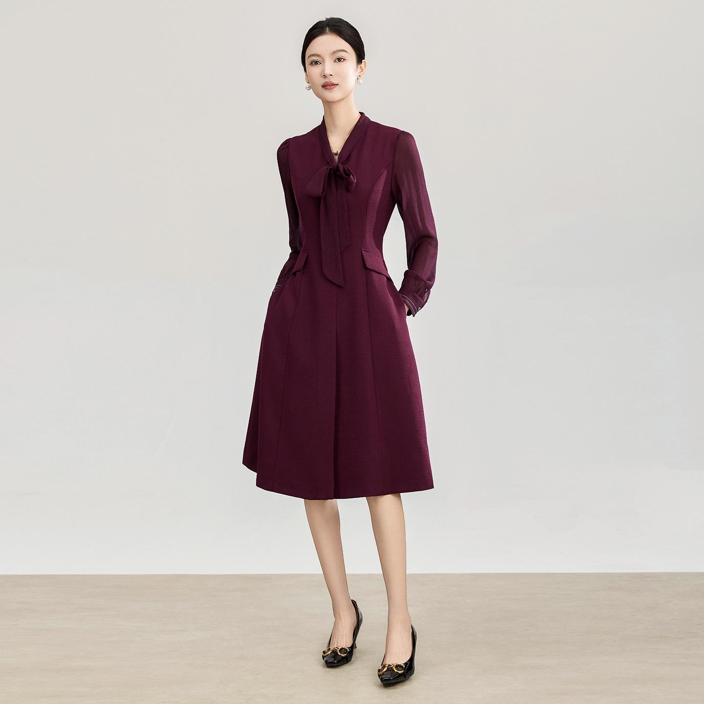High-Quality French Rhinestone Flowy Collar Waist-Cinched Dress for Women - Spring Style XL вино красного